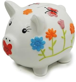 Sparschwein mit bunten Blumen und Schmetterlingen aus Porzellan 17x11x14,5cm