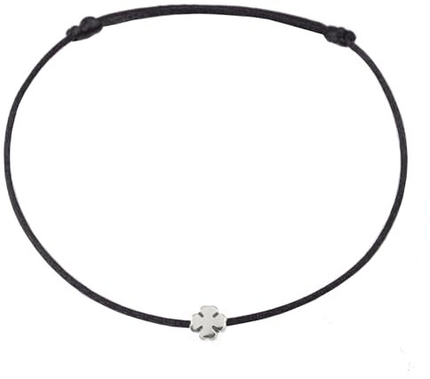 Selfmade Jewelry Fußkettchen Damen Kleeblatt Silber Größenverstellbares Glücksbringer Fußbändchen mit Glücksklee Handgemacht Inkl. Geschenk-Verpackung (Silber - Schwarz)