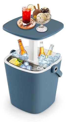 COSTWAY 3 en 1 Mesa Nevera Portatil 15L con Asa, Cool Bar con Abridor de Botellas y Tapa Superior Elevable, 15 Latas, Mesa Cóctel Jardin Terraza (Azul)
