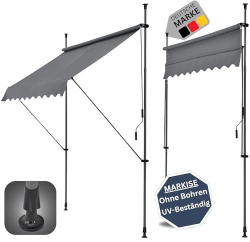 DELUKE® Klemmmarkise 200cm breit - mit Handkurbel | Balkonmarkise ohne Bohren, Sonnenschutz UV-beständig, Sonnenmarkise höhenverstellbar, Markise mit Gestell | 200x120x200-300cm Grau