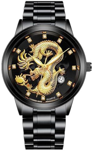 JOATVEE Herrenuhr 3D Gold Dragon Diamond Analog Quarzuhren mit Datumsanzeige Klassische Edelstahl Herrenuhr, wasserdichte Business Uhren für Männer