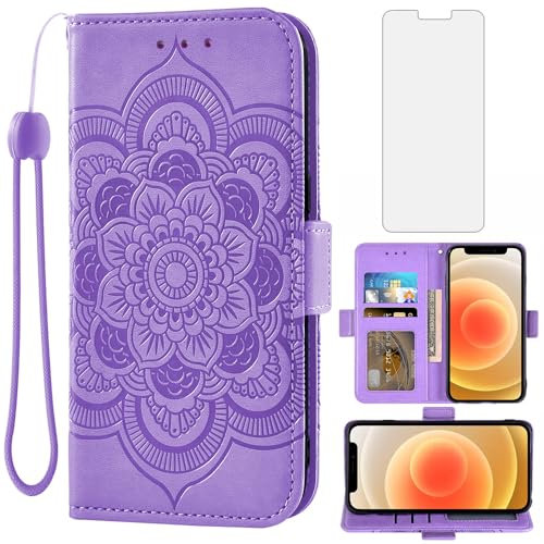 Asuwish Funda para iPhone 12 Mini con Cristal Templado Protector Pantalla Vidrio Pelicula Protectora Libro Cuero Piel Tarjetero Soporte i-Phone i 12mini Tapa Carcasa Protección Movil Capa Case Lila