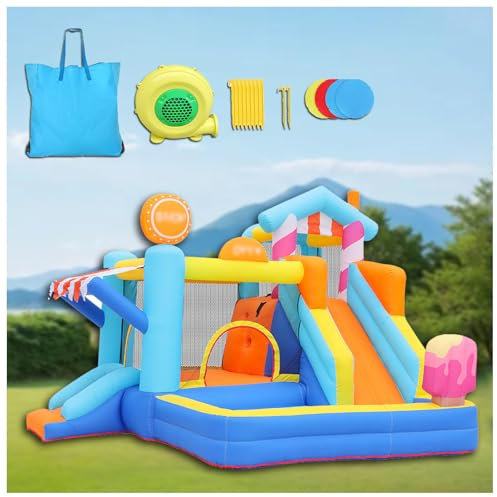 HBDSMLPL Kids Bouncy Castle with Blower with Storage Bag/Blower,Slide and Ball Pit, Trampoline, Climbing, Inflatable Bounce House for Outdoor Indoor Backyard,3.4×3.2×2.4M(LxWxH)