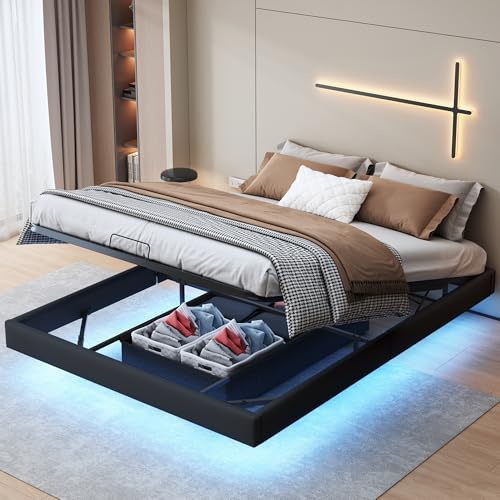 VixorLuilith Polsterbett 160x200 cm, Doppelbettgestell, Bettgestell mit LED-Beleuchtung, Schwebebettgestell mit Lattenrost, Stauraum, ohne Kopfteil, ohne Matratze (Schwarz, 160x200cm)