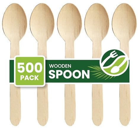 Eco Leaf 500pcs Disposable Wooden Spoons, 16cm, Biodegradable & Compostable Eco-Friendly Cutlery Set for Weddings, Picnics, Parties, Camping & Catering | Sturdy Birch Wood & Bamboo Spoons
