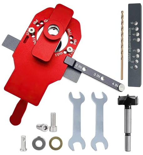 Dima per Cerniere a Scodellino 35 mm, in Lega di Alluminio, con Dispositivo di Limitazione, Utensile per Cerniere per la Lavorazione del Legno, per Cerniere di Ante di Armadietti (Rosso)