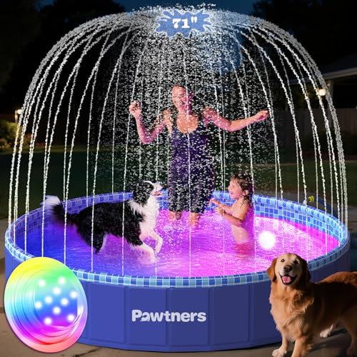 Pawtners Large Foldable Kiddie Pool with Sprinkler & RGB LED Light 72''