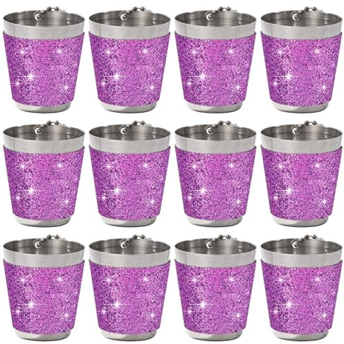 GOMETY 12 Stück Schnapsglas zum Umhängen, 30ml Edelstahl Schnapsgläser mit Kette, JGA Schnapsbecher Wiederverwendbar, Shotgläser Metall Becher für Hochzeit Weinprobe Bachelorette Party (Lila)