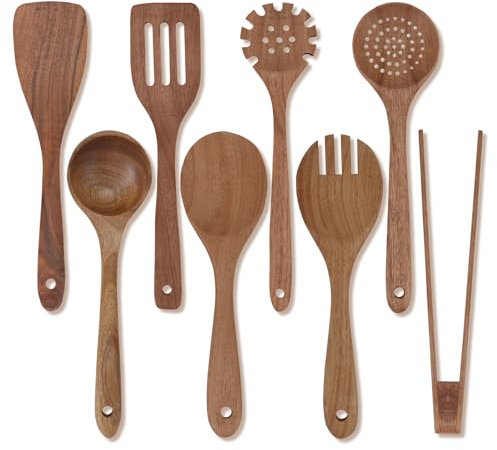 HMIEPRS 8Pcs Wooden Kitchen Utensils Set, Non-Stick Natural Wooden Spoons for Cooking, Heat Resistant Kitchen Essentials Cooking Utensils Set Including Wood Spatula Spoons Salad Fork Bread Clip