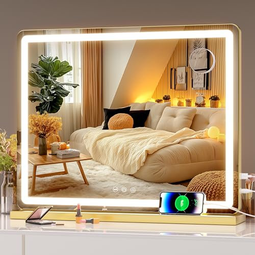 Hasipu Vanity Mirror with Lights, 58 x 48cm LED Makeup Mirror, Lighted Make up Mirrors with Dimmable 3 Modes, Touch Screen Control Vanity Mirrors Round Gold