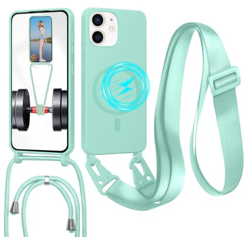 GoodcAcy Handykette für iPhone 12/iPhone 12 Pro Hülle mit Band,Green | Magnetisch Handyhülle kompatibel mit Magsafe zum Umhängen Schutzhülle mit Kette Kordel Weich TPU Liquid Flüssig Silikon Case