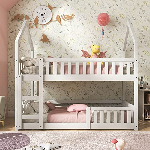 Bunk Bed, Twin Sleeper Bed with Ladder, Solid Wood Frame 3FT Single Gaming Castle-shaped Bed 90 x 190 cm Children's room Furniture, Wooden Frame for Kids Children (White)