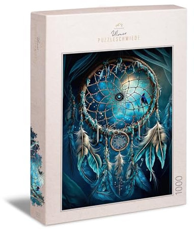 Ulmer Puzzleschmiede - 1000 Teile Puzzle Indian Dreamcatcher - Indianisches Amulett als Puzzlemotiv - leuchtendes Traumfänger-Symbol vor düsterem Hintergrund - Qualität Made in Germany