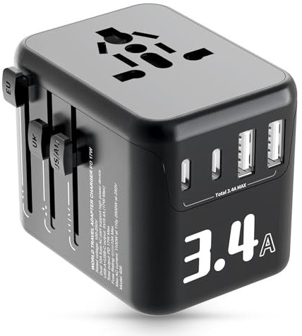 Alyvisun Adaptador Enchufe Universal, con 2 Puertos USB-C y 2 USB-A, 5V 3,4A/17W Adaptador de Viaje Todo en uno con Doble Fusible de 10A, Accesorios Viaje la UE, EE.UU., Reino Unido, Australia, etc