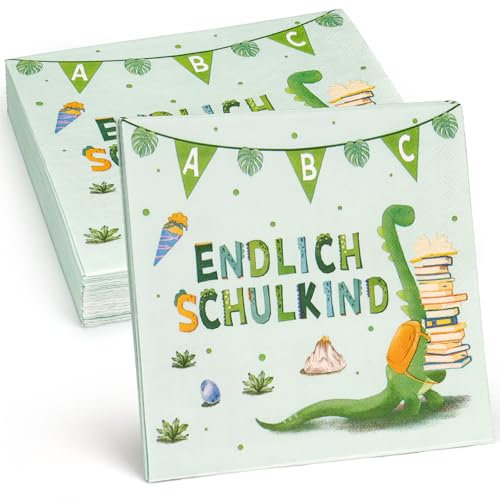 Joxessaien 32 Stück Schuleinführung Servietten, 33×33cm Dinosaurier Servietten Grün, Deko Einschulung Junge Servietten, Servietten Pastell für Versammlungen, Schulfeiern