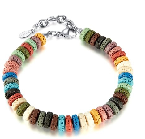 EMEMcharm Bunt Vulkanstein Armband Damen Herren Kette Edelstahl 22,5cm