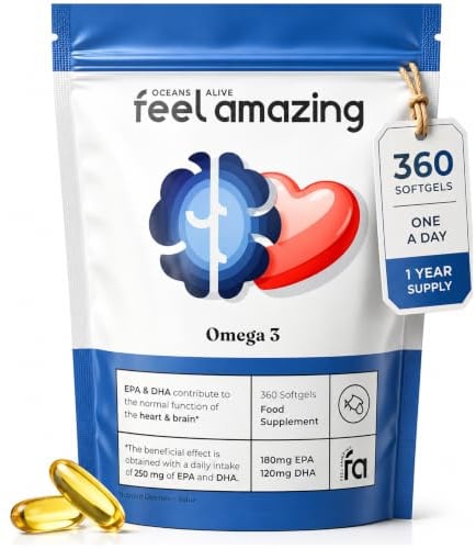Feel Amazing Omega 3 Fish Oil 1000mg - 180mg EPA, 120mg DHA - Heart, 360