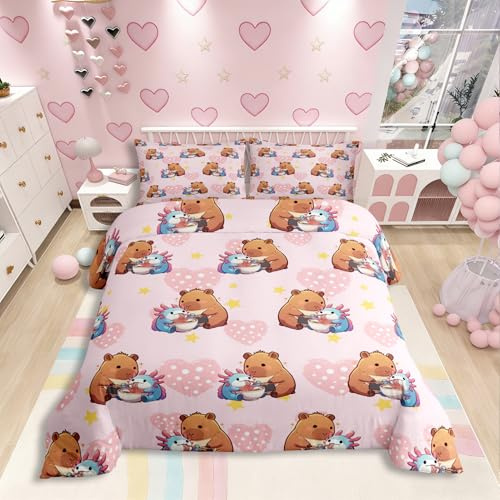 Homewish Capybara Axolotl Bettwäsche Cartoon Tiere Bettbezug Set 135x200 | Kinder Jungen Mädchen Jugendliche Rosa Kawaii Bettwäscheset Liebes Stern Muster Bett Set Schlafzimmer Dekor