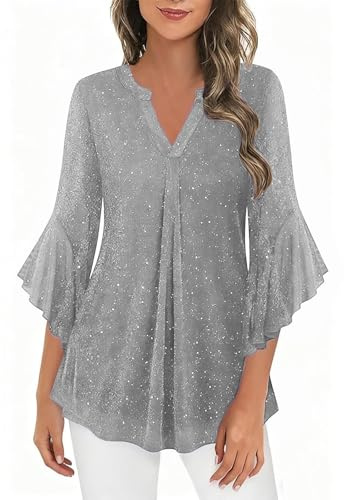 KUIH Womens Sparkly Blouses Ruffle 3/4 Sleeve Tunic Tops Loose Flowy Chiffon Ladies Glitter Blouses V Neck Pleated Tunic Blouse Loose Fit Ladies Top Flowy Double Layered Mesh Shirts