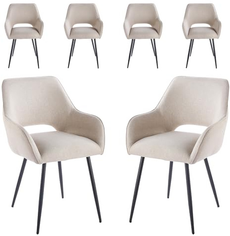 stone princess 6er Set Esszimmerstühle Modern: Ergonomische Velours Küchenstuhl mit Armlehnen Rückenlehne Schwarze Metallbeine Komfortabel für Esszimmer Wohnzimmer Küche - Einfache Montage (6, Beige)