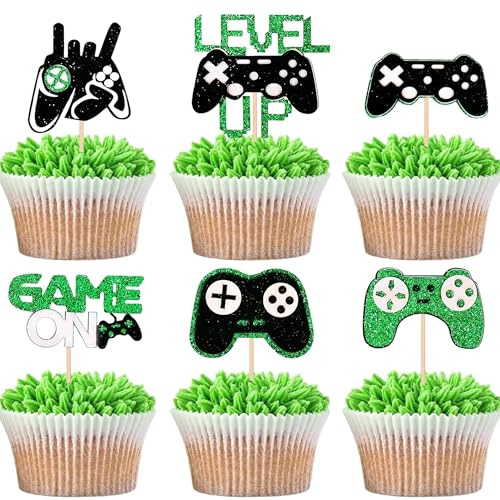 12 PCS Video Game Controllers Cupcake Toppers Glitter Black Green Cake Picks for Baby Shower Game Theme Birthday Party Cupcake Decorations Supplies