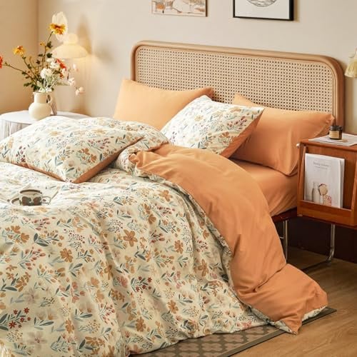 Lanqinglv Bettwäsche 135x200 Orange Blumen Blätter Wendebettwäsche | ÖKO-TEX Zertifiziert,Pflanzen Bettwäsche für Allergiker,Aesthetic Bettbezug mit Reißverschluss und 1 Kissenbezug 80x80 cm