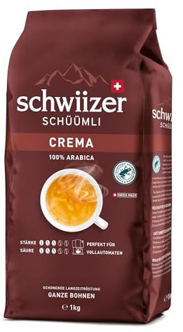 Schwiizer Schüümli Crema, 100 Prozent Arabica Kaffeebohnen, aromatisch-intensiv, für Vollautomaten, Stärke 3/5, mittlere Röstung, Rainforest Alliance-zertifiziert, 1kg