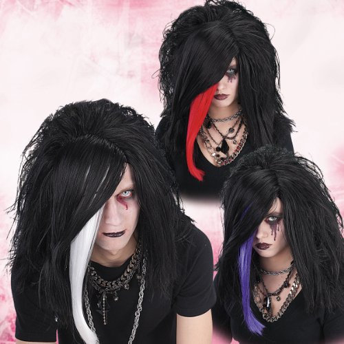 TH-MP Schwarze Gothic Emo Perücke weiße Strähne Punker Goth
