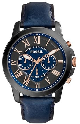 Fossil Montre pour hommes Grant, mouvement chronographe à quartz, boîtier en acier inoxydable fumé de 44 mm avec bracelet en cuir véritable, FS5061