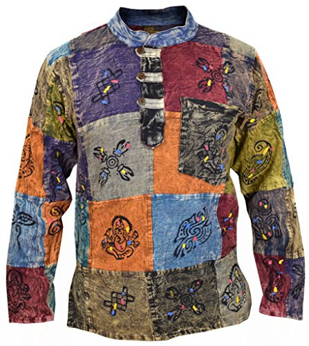 Little Kathmandu – Giacca patchwork hippie con stampa simboli, da uomo Stonewashed XX-Large
