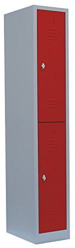 Lüllmann 2 Fächer Spind komplett montiert grau/rot 180x31,5x50cm (HxBxT) Schließfachschrank Kleiderspind Umkleideschrank 520214