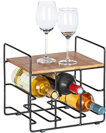 WENKO Weinregal Loft, kleines Regal für bis zu 6 Weinflaschen gefertigt aus naturnahmen Bambus in Kombination mit pulverbeschichtetem Metall in Schwarz, praktische Ablagefläche, 30 x 27,5 x 24 cm