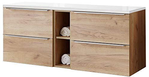Lomadox Badezimmer Waschtisch-Unterschrank Set, Wotaneiche und Hochglanz weiß, 4 Softclose-Auszüge, 1 Regal, B/H/T ca. 141/59,5/46 cm