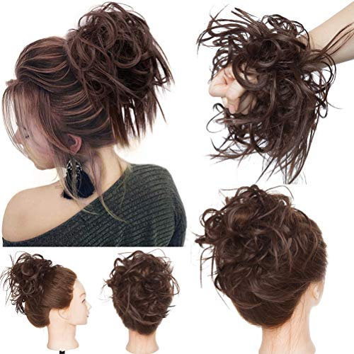Posticci per Capelli Chignon Disordinati, Coda Veri Mossi Ricci Elastico con Extension Facile da Donna - Marrone Medio