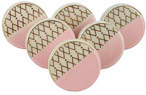 G Decor Pink and White Contrast Gold Designs Ceramic Door Knobs, Vintage, Shabby Chic, Interior Furniture, Cabinet Cupboard Drawers Pulls Handles (6-Pack)