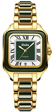 Diella Armbanduhr Damen, Automatik Damen Uhren, Schwarz Grün Jade & Edelstahl Armband Uhren Wasserdicht Leuchtender, Selbstwindender Geschenke für Women