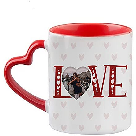 Getagift Personalised Love Heart Any Image Gift for Him/Her, Couple, Best Friend, Wedding, Birthday, Anniversary, Valentines, Novelty Mug, Unique Ceramic Heart Handle Mug. (Red)