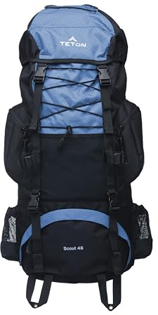 Teton 45L Scout Internal Frame Backpack for Hiking, Camping, Backpacking, Rain Cover Included, Bluejay
