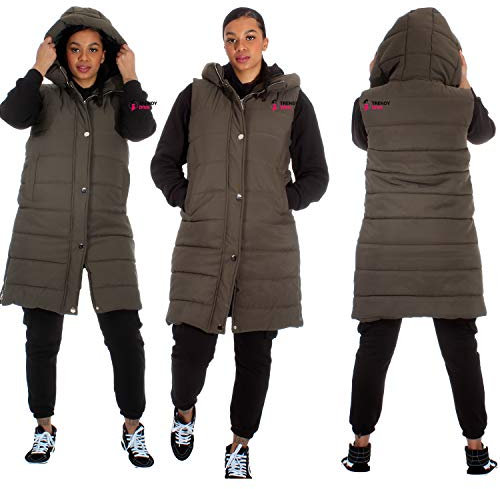 Trendy Diva | Ladies Quilted Gilet Puffer Jacket Hooded Winter Coat Long Longline For Women Funnel Neck Zip Button Up Oversized (Khaki, L)