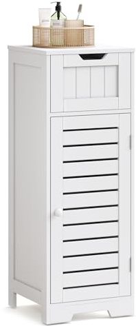 Mondeer Badschrank schmal, 1 Schublade 1 Tür, 32x30x87cm, Jalousie Stil | Tür mit 2 Böden für Handtücher & Pflegeprodukte. Ideal für kleine Bäder, Wohnzimmer, Flur. Holz Weiß
