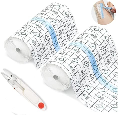 Benda Trasparente Impermeabile, 15 cm x 2m Nastro Medico Trasparente Bendaggio Antiallergico Pellicola per Tatuaggi, 2 Pack Pellicola Tattoo Traspirante con Piccole Forbici per Tatuaggio, Sport, Bagno