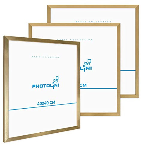 PHOTOLINI Bilderrahmen 40x40 Gold, 3er Set Bilderrahmen quadratisch 40x40 Holz MDF mit bruchsicherem Acrylglas, Rahmen 40 x 40 zum Aufhängen mit Zubehör - Picture Frame für Fotos & Poster
