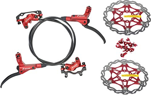 JKY Zoom HB-876 Hydraulische Scheibenbremse für Mountainbike, 4 Kolben, vorne, 800 mm und hinten, 1400 mm, mit 160 mm Rotoren, Rot