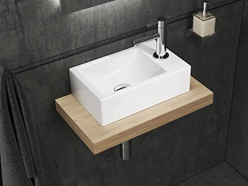 Aqua Bagno | Eckiges Waschbecken weiß glänzend, Handwaschbecken aus Keramik | Hanhnloch rechts | 37 cm breit, auch als Aufsatzwaschbecken geeignet