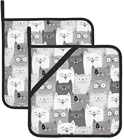 Lot de 2 maniques carrées isolées à motif chats gris mignons – 20,3 x 20,3 cm (2 pièces) épais et durable, isolation thermique anti-brûlure.