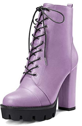 Castamere Femmes Haut High Talon Heel Plate-forme Bloc Chunky Rond Bout Bottines Lacets Fermeture à Glissière Bottes Violet 38 EU