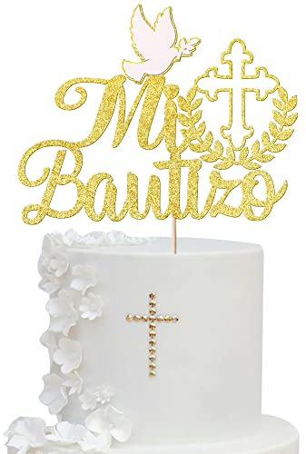1 Packung spanischer Mi Bautizo Tortenaufsatz Glitzer Kreuz Erstkommunion Taufe Kuchen Pick Religiöser Gott Segen Taufe Kuchen Dekoration für Babyparty Geburtstag Party Supplies Gold