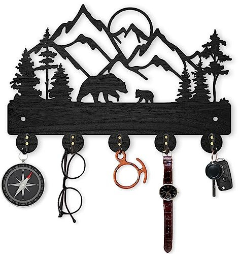 MAYJOYDIY Hölzern Wandgarderobe Mit Bergwald Motiv Hölzerne Wandgarderobenhaken Bergbär Schlüsselhalter 5 Metallhaken 30×20cm Für Eingangsbereich Wohnzimmer Badezimmer Heimkunstdekor