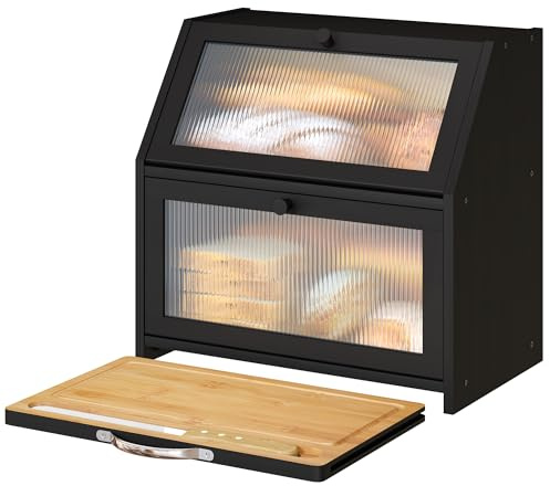 Vriccc Extra große Brotbox mit Schneidebrett, Bambusholz, Brotbox für Küchentheke, Doppelschicht, große Kapazität, Brotaufbewahrungsbehälter mit gewellter Acryl-Türverkleidung (schwarz)