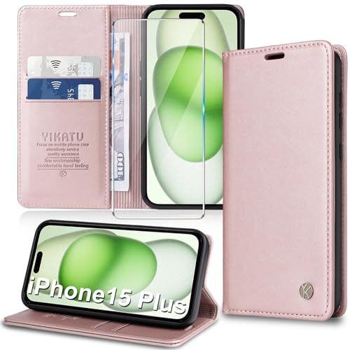 Migexxkj Handyhülle für iPhone 15 Plus Hülle [mit Schutzfolie][Premium PU Leder] Klapphülle Ständer Kartenfach Magnetic Flip Case Cover Etui Tasche Schutzhülle für iPhone 15 Plus 6.7“ (pink)